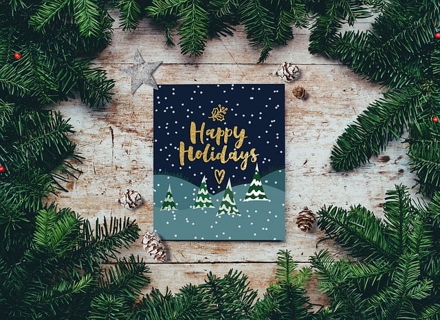 happy holidays card with wreath